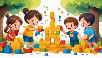 A group of preschool children working together to build an elaborate block tower, demonstrating teamwork and communication.