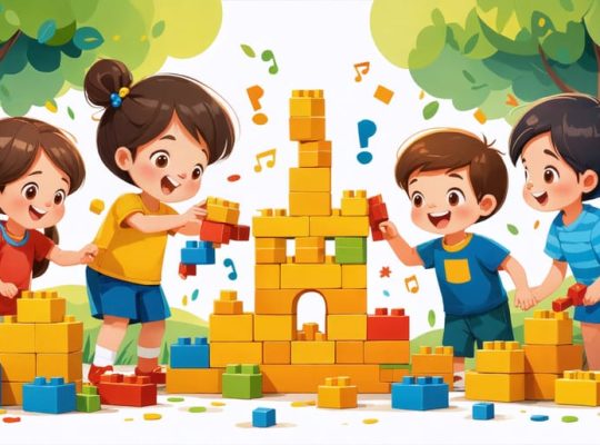 A group of preschool children working together to build an elaborate block tower, demonstrating teamwork and communication.