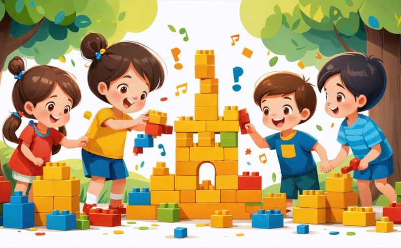 A group of preschool children working together to build an elaborate block tower, demonstrating teamwork and communication.