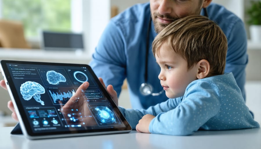 Healthcare professional using AI tools during child autism assessment