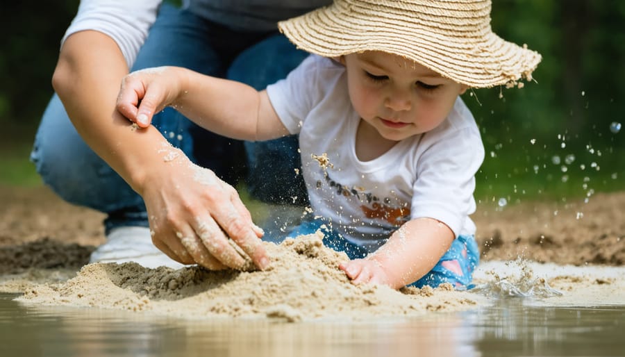 Parent and child exploring sensory play activities together with sand and water tools