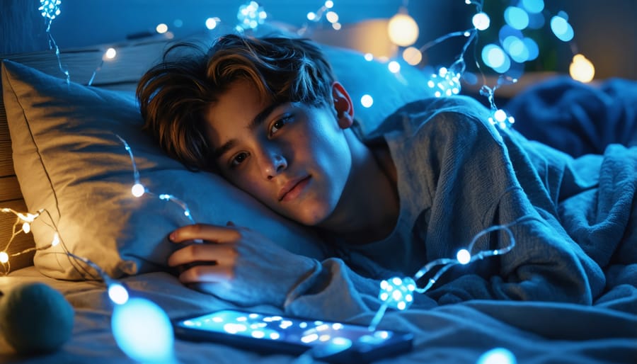 Teenager unable to sleep while surrounded by illuminated smartphones and tablets