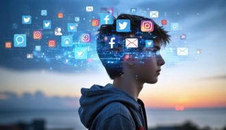 Conceptual illustration of a teenager's mind within a smartphone screen, surrounded by social media icons and notifications, with hints of real-world elements like books and a sunset in the background.