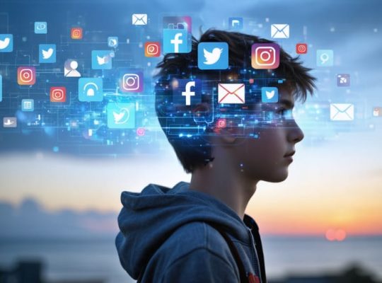 Conceptual illustration of a teenager's mind within a smartphone screen, surrounded by social media icons and notifications, with hints of real-world elements like books and a sunset in the background.