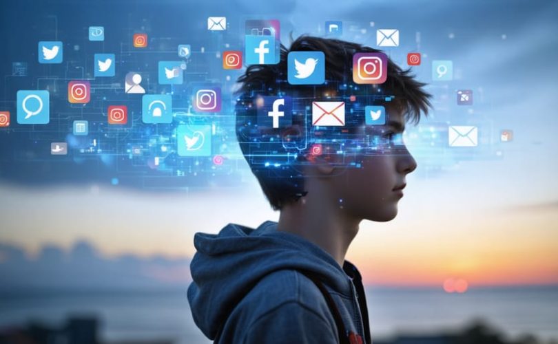 Conceptual illustration of a teenager's mind within a smartphone screen, surrounded by social media icons and notifications, with hints of real-world elements like books and a sunset in the background.