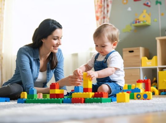 Parent and child sitting on the floor in a brightly lit playroom, engaged in a playful activity with colorful building blocks, symbolizing the nurturing bond formed through therapeutic play.