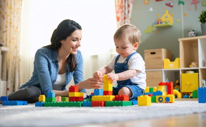 Parent and child sitting on the floor in a brightly lit playroom, engaged in a playful activity with colorful building blocks, symbolizing the nurturing bond formed through therapeutic play.