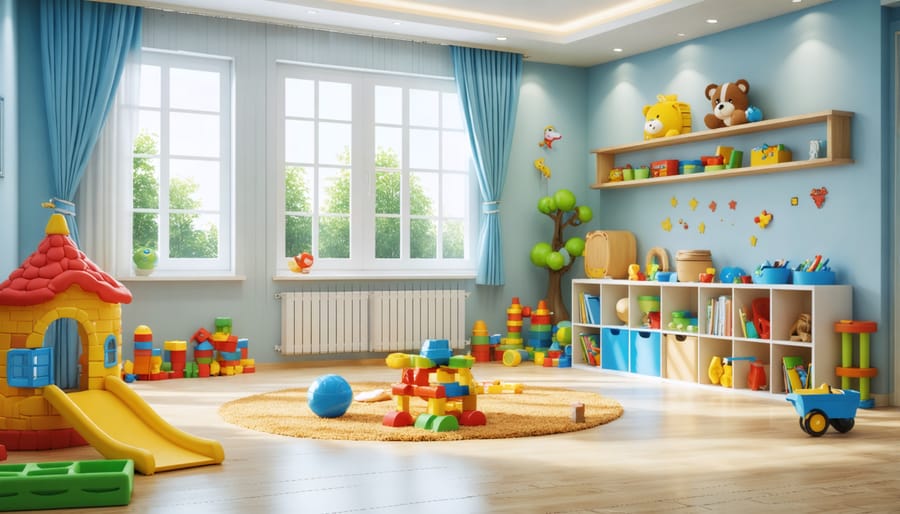 Child-friendly playroom featuring reading corner, pretend play area, and art space