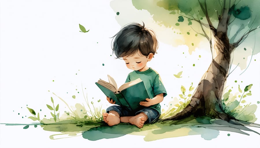 Illustration of a child reading in a warm, nurturing environment with symbolic safety elements