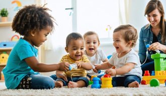 A diverse group of children playing happily in a hospital playroom, with one child using an IV pole, symbolizing the theme of friendship and support among children with chronic illnesses.