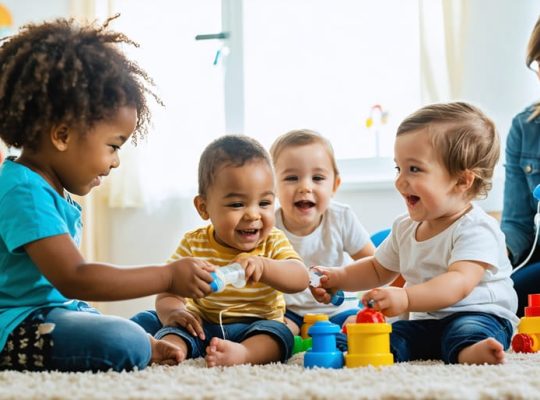 A diverse group of children playing happily in a hospital playroom, with one child using an IV pole, symbolizing the theme of friendship and support among children with chronic illnesses.