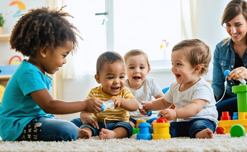 A diverse group of children playing happily in a hospital playroom, with one child using an IV pole, symbolizing the theme of friendship and support among children with chronic illnesses.