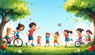 Diverse group of children enjoying outdoor activities like soccer, biking, and dancing in a vibrant park, representing the positive effects of exercise and nutrition on mental health.