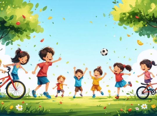 Diverse group of children enjoying outdoor activities like soccer, biking, and dancing in a vibrant park, representing the positive effects of exercise and nutrition on mental health.