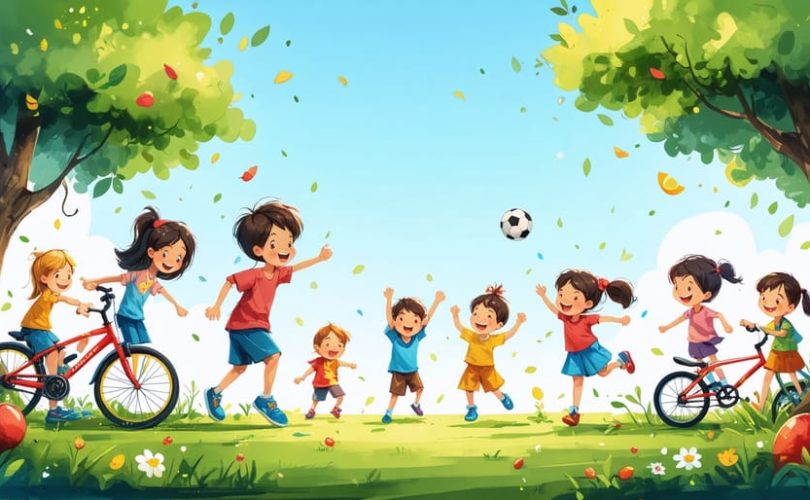 Diverse group of children enjoying outdoor activities like soccer, biking, and dancing in a vibrant park, representing the positive effects of exercise and nutrition on mental health.