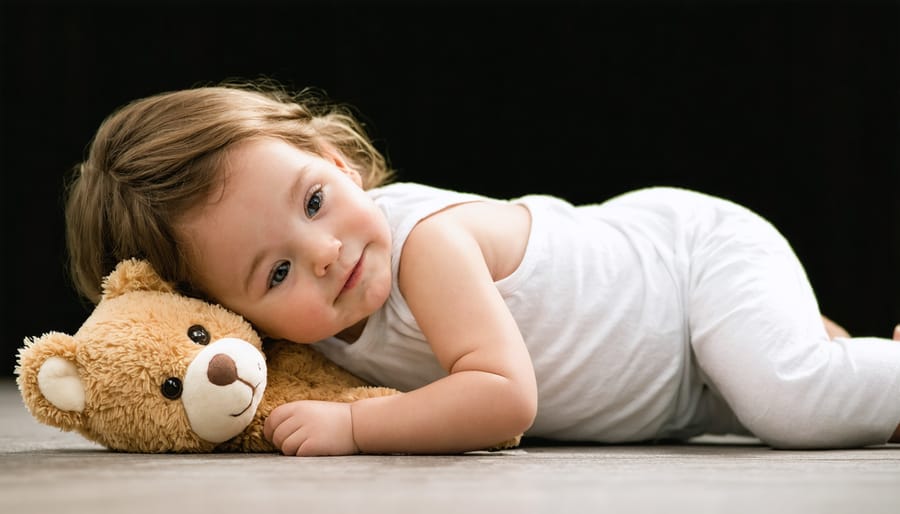 Child practicing mindful breathing with a teddy bear rising and falling on their stomach