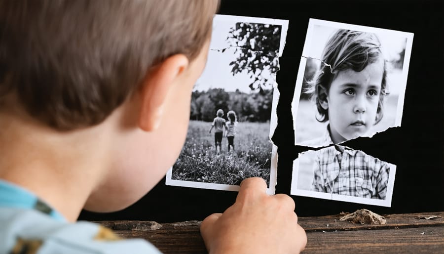 Young person holding torn family photograph, representing damaged family bonds