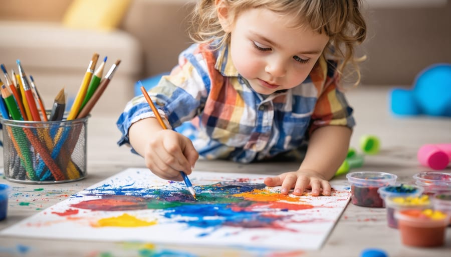Young child deeply engaged in painting, using various colors to express emotions