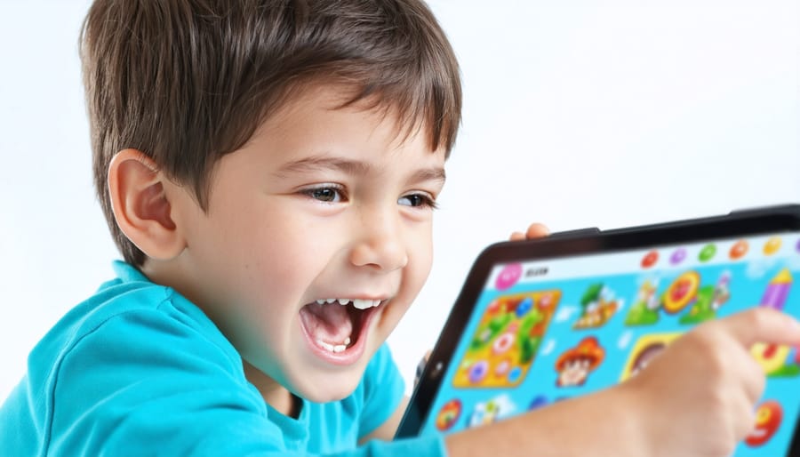 Young student smiling while playing an educational game on a tablet device