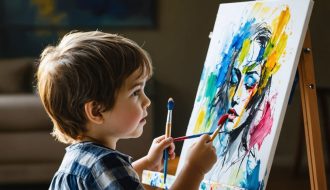 A young child deeply immersed in painting, using a variety of colors to express complex emotions on canvas, surrounded by art supplies in a gentle environment.