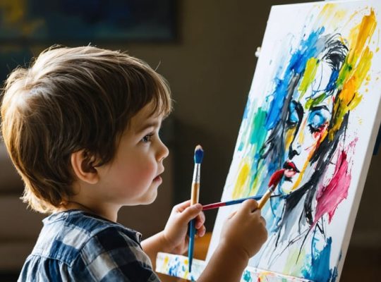 A young child deeply immersed in painting, using a variety of colors to express complex emotions on canvas, surrounded by art supplies in a gentle environment.