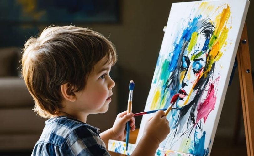 A young child deeply immersed in painting, using a variety of colors to express complex emotions on canvas, surrounded by art supplies in a gentle environment.