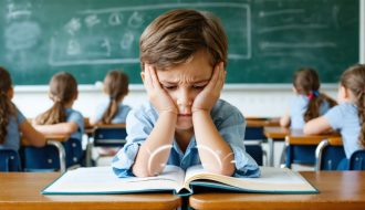 A young student sitting at a school desk, holding their head in pain, illustrating the challenge of migraines affecting academic and social life with blurred peers in the background.