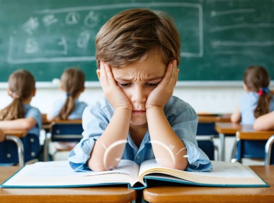 A young student sitting at a school desk, holding their head in pain, illustrating the challenge of migraines affecting academic and social life with blurred peers in the background.