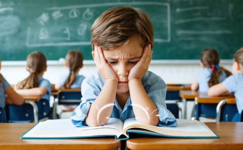 A young student sitting at a school desk, holding their head in pain, illustrating the challenge of migraines affecting academic and social life with blurred peers in the background.