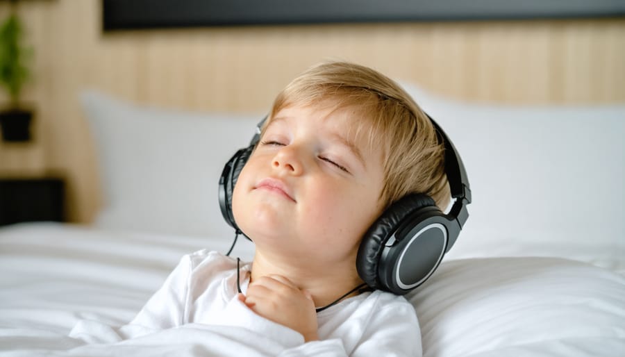 Child experiencing emotional comfort through music with headphones