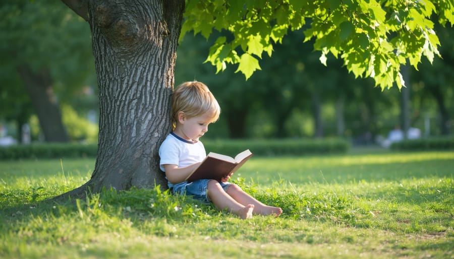 Young student focused on reading while relaxing in a peaceful green space