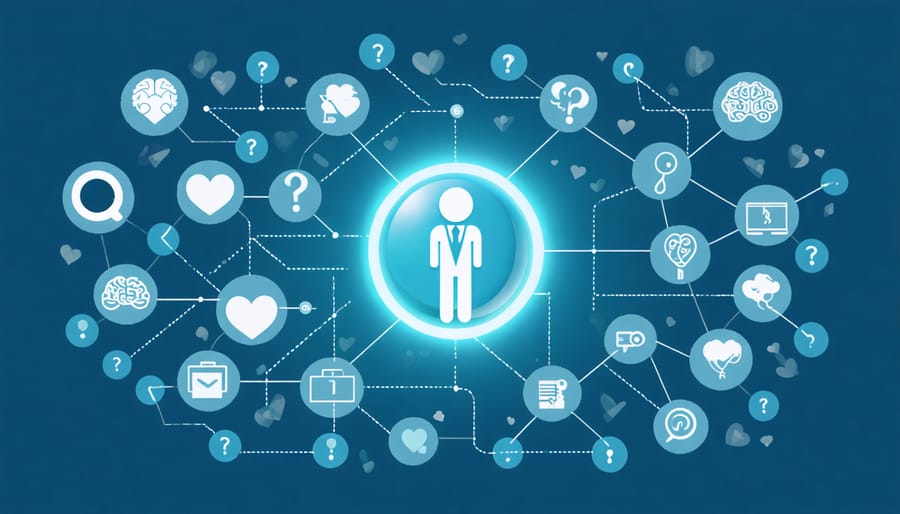Conceptual illustration showcasing interconnected pathways with mental health and search icons, representing the detailed and organized search process available in child therapist directories.