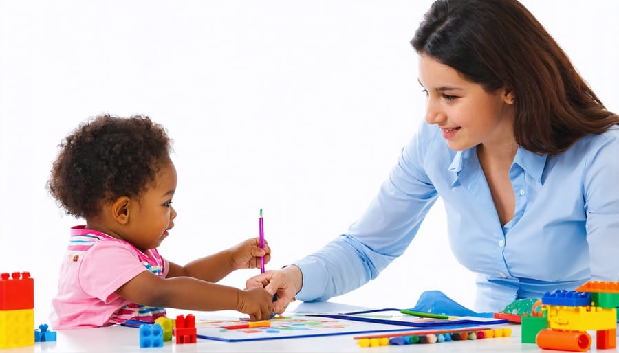 Child therapist engaging with a child during a therapy session in a colorful, child-friendly office