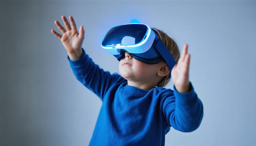 Young child safely using VR headset while exercising with adult supervision