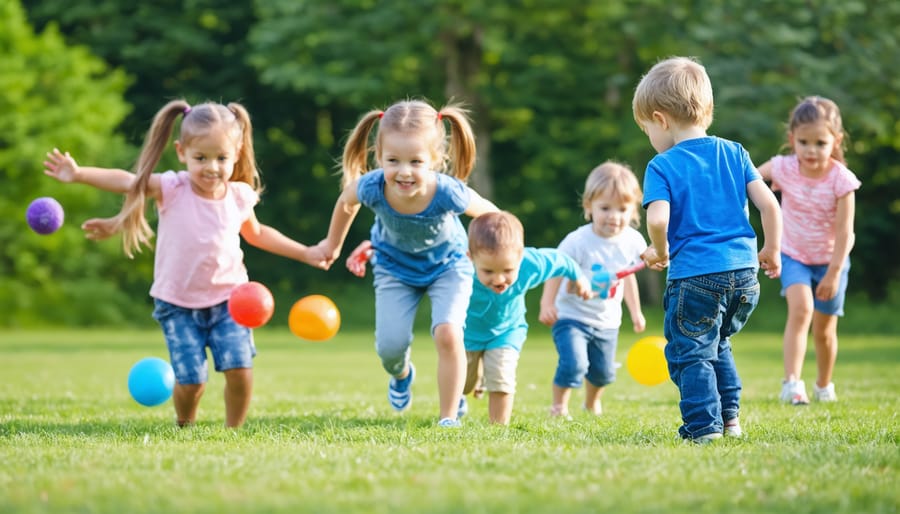 Diverse group of children playing sports and active games in a park setting
