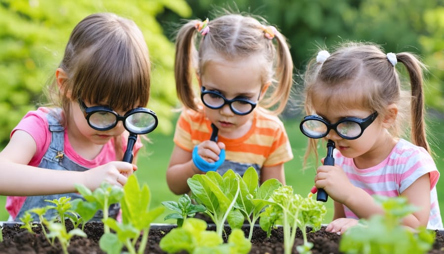 Children engaged in nature-based learning activities in a community garden setting