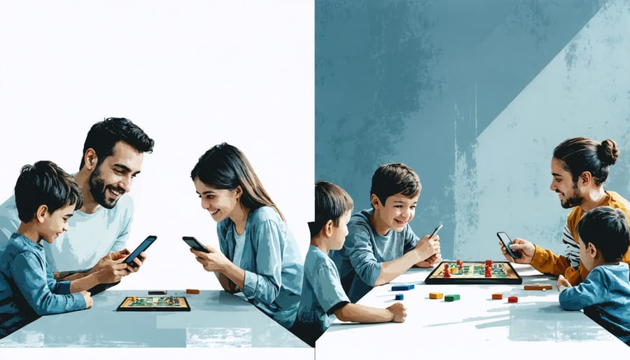 Contrasting images of a family: disconnected on phones versus enjoying quality time together