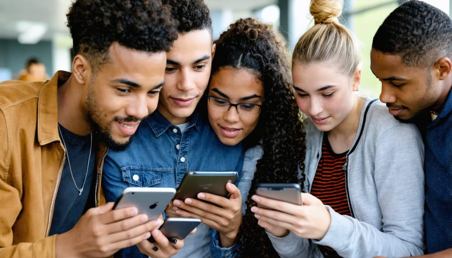 Teenagers and children safely using smartphones, tablets, and laptops while displaying positive online behavior