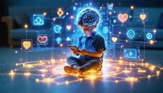 An artistic representation of digital pathways supporting children's mental health, featuring interconnected technology devices forming a protective circle around a child holding a smartphone.