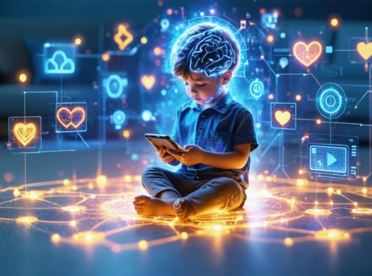 An artistic representation of digital pathways supporting children's mental health, featuring interconnected technology devices forming a protective circle around a child holding a smartphone.
