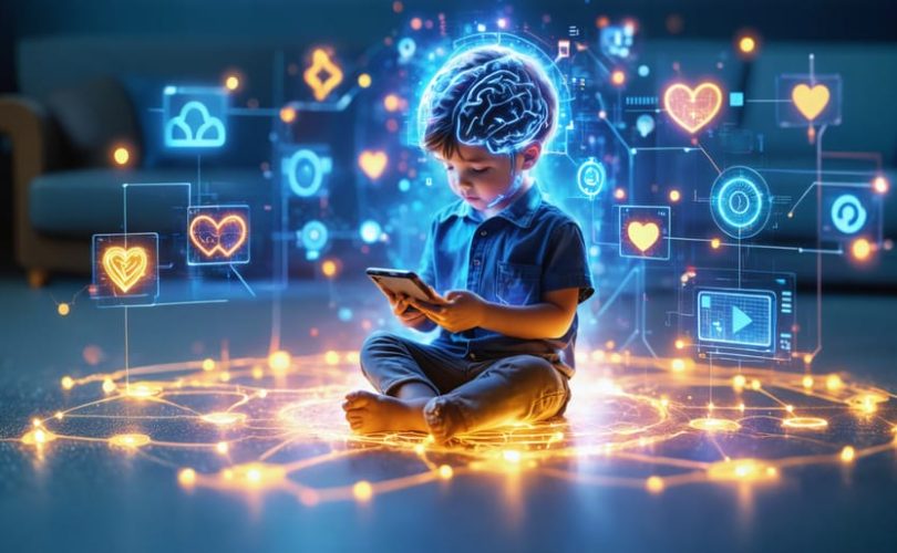 An artistic representation of digital pathways supporting children's mental health, featuring interconnected technology devices forming a protective circle around a child holding a smartphone.