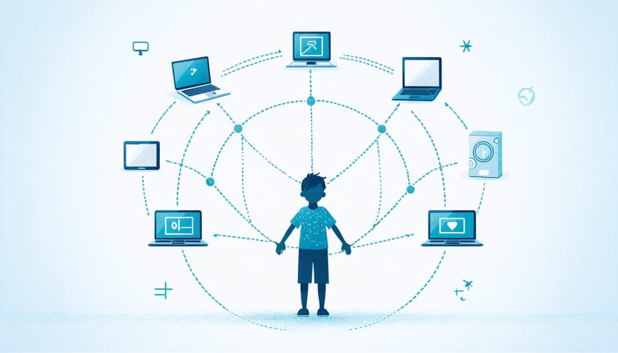 Digital mental health support network illustrated through connected devices and support symbols