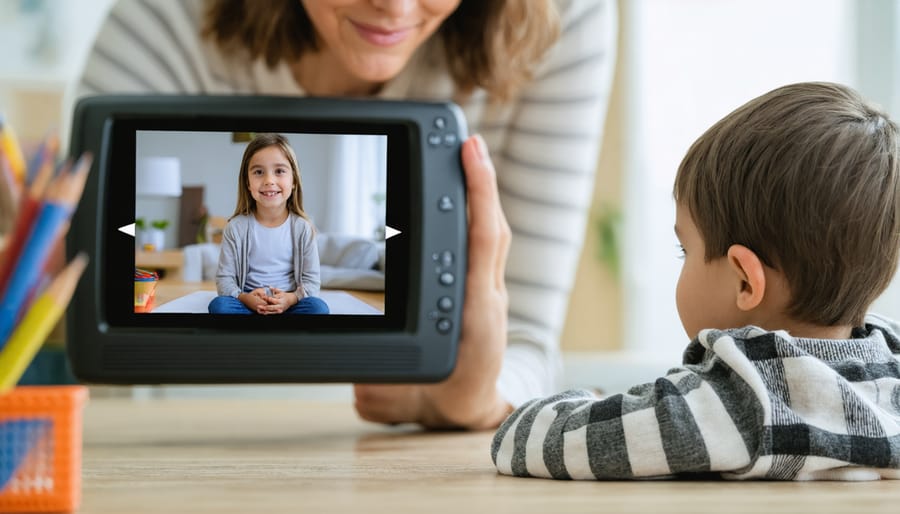 Young person engaged in an online therapy session while parent provides supportive presence