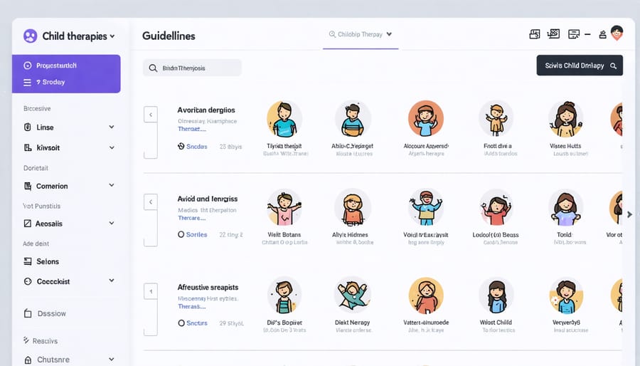 Online therapy directory interface displaying search filters for child therapist specialties and credentials