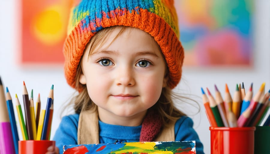 8-year-old drawing feelings using bright colors and emotion symbols in their artwork