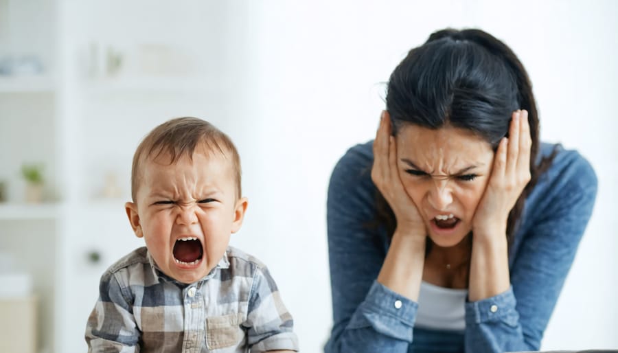 A composed parent taking deep breaths while their toddler has an emotional moment