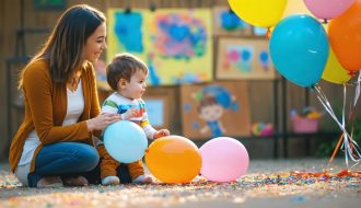 A parent guiding their 8-year-old child through a deep breathing exercise, with the child lying down and a small stuffed animal on their tummy. The background is adorned with colorful drawings, representing the child's artistic expression of emotions.