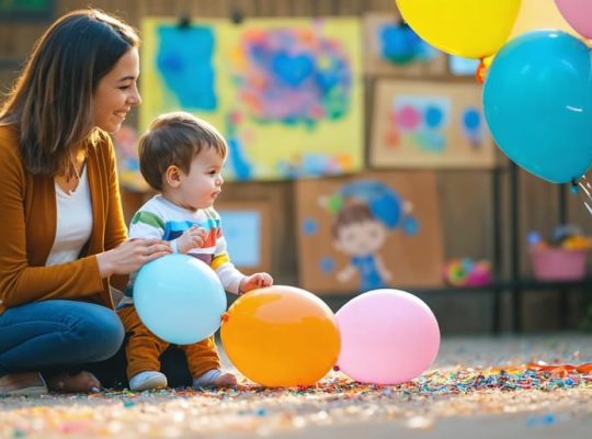 A parent guiding their 8-year-old child through a deep breathing exercise, with the child lying down and a small stuffed animal on their tummy. The background is adorned with colorful drawings, representing the child's artistic expression of emotions.