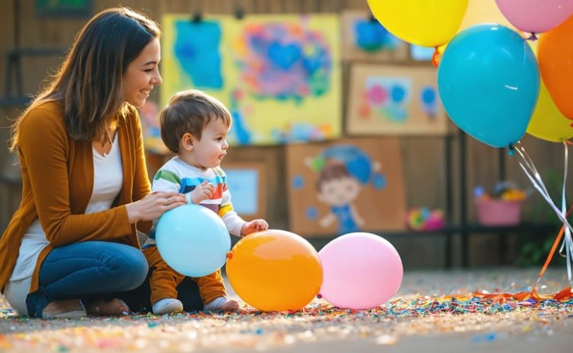 A parent guiding their 8-year-old child through a deep breathing exercise, with the child lying down and a small stuffed animal on their tummy. The background is adorned with colorful drawings, representing the child's artistic expression of emotions.