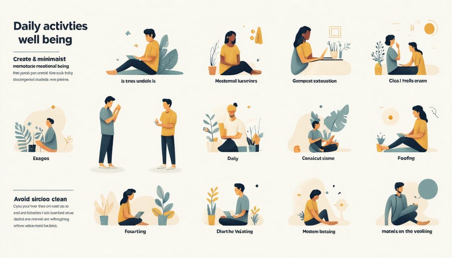 Illustrated diagram of activities like meditation, art, play, and family time for emotional health